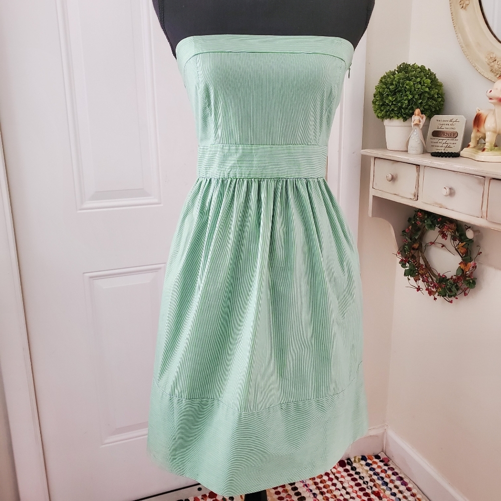Zara Basic Green Pin Striped Strapless Dress - image 1